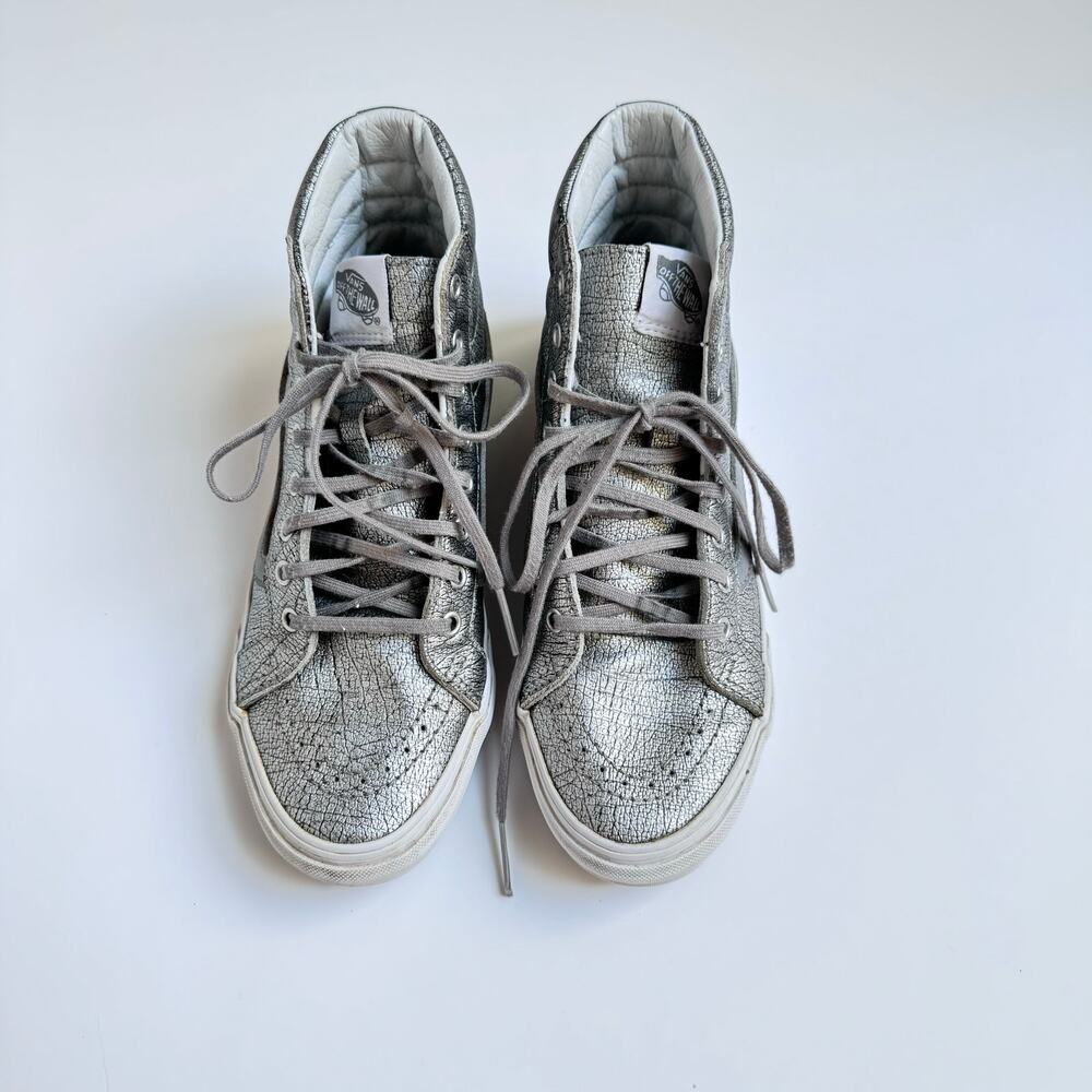 VANS Rare Metallic Silver Leather Upper SK8 High Top Slim Shoes M 5.5 - W 7 - Picture 3 of 10